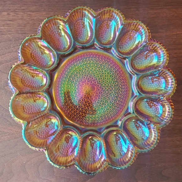 Indiana Glass Other - Vintage Carnival Glass Iridescent Amber Egg Tray 11"